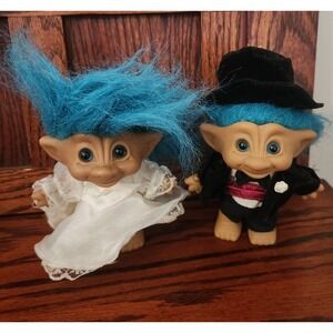 VINTAGE‎ 90'S Russ Troll Doll BRIDE AND GROOM Blue Hair 6" Figures (2)